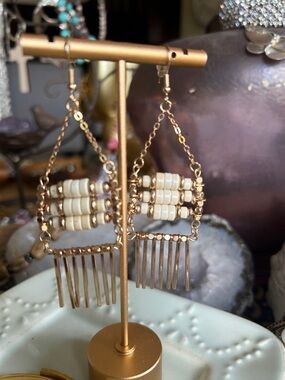 Gold-Tone Fringe Drop Earrings with Cream Beads